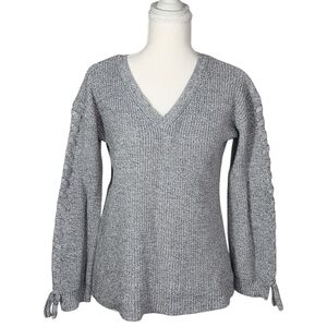American Eagle Gray Knit Sweater XS V-Neck Tie Sleeve Cozy Casual Women